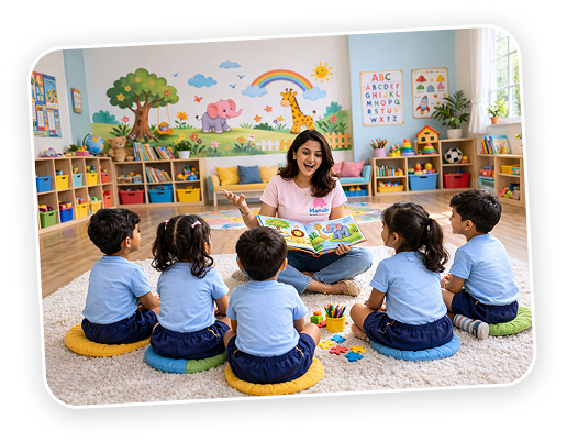 Teacher doing circle time reading activity at Manabi preschool Sun City